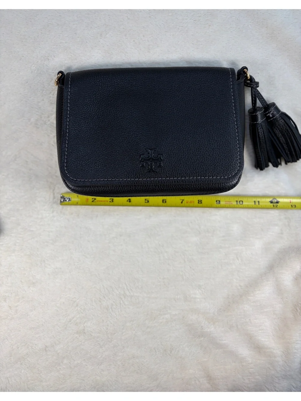 Tory Burch Thea Flap Black Pebbled Leather‎ Crossbody with Tassel and Wide Strap